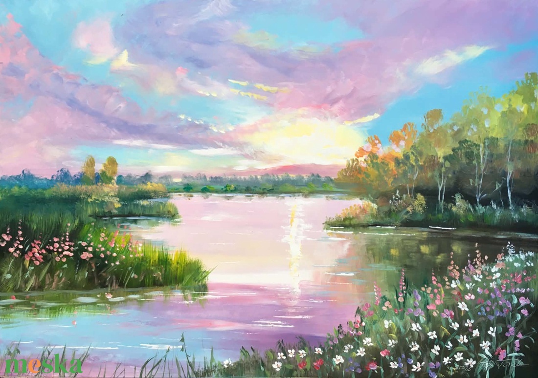 Tavaszi naplemente c. Kortárs olajfestmény - művészet - festmény - olajfestmény - Meska.hu