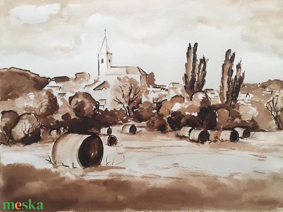 Fertőrákos faluszél, diópác festmény - művészet - festmény - akvarell - Meska.hu