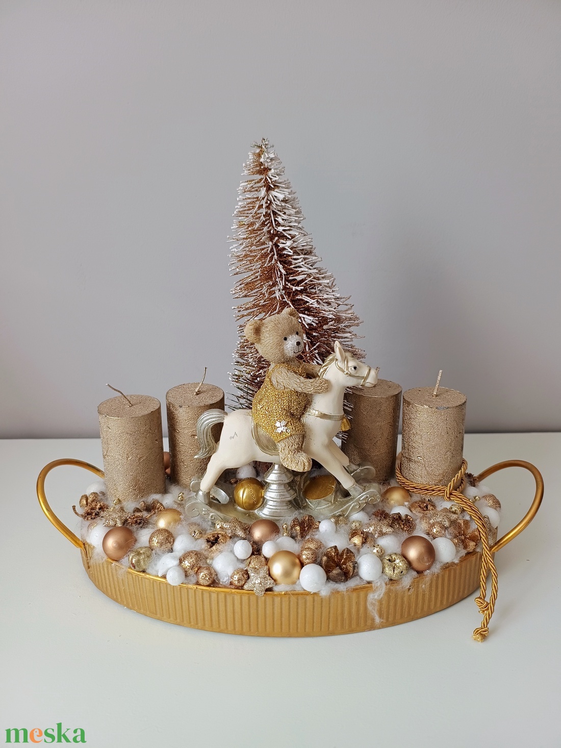 Hintalovazó macis arany gyertyás asztaldísz - karácsony - adventi díszek - adventi asztaldísz - Meska.hu