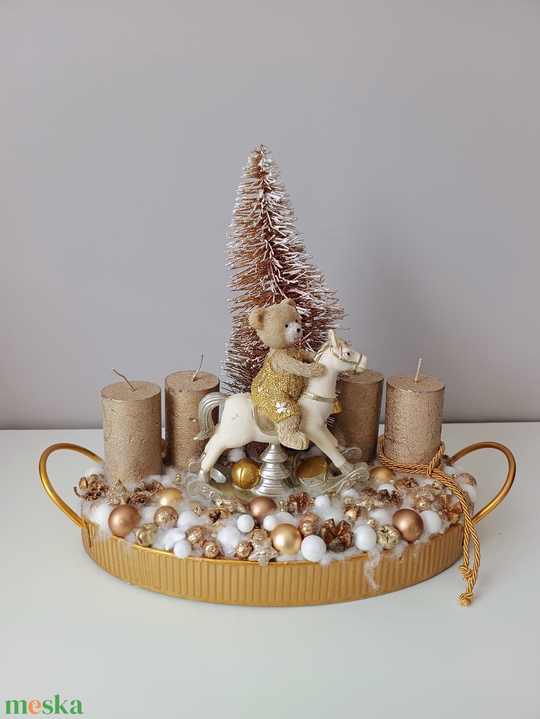 Hintalovazó macis arany gyertyás asztaldísz - karácsony - adventi díszek - adventi asztaldísz - Meska.hu