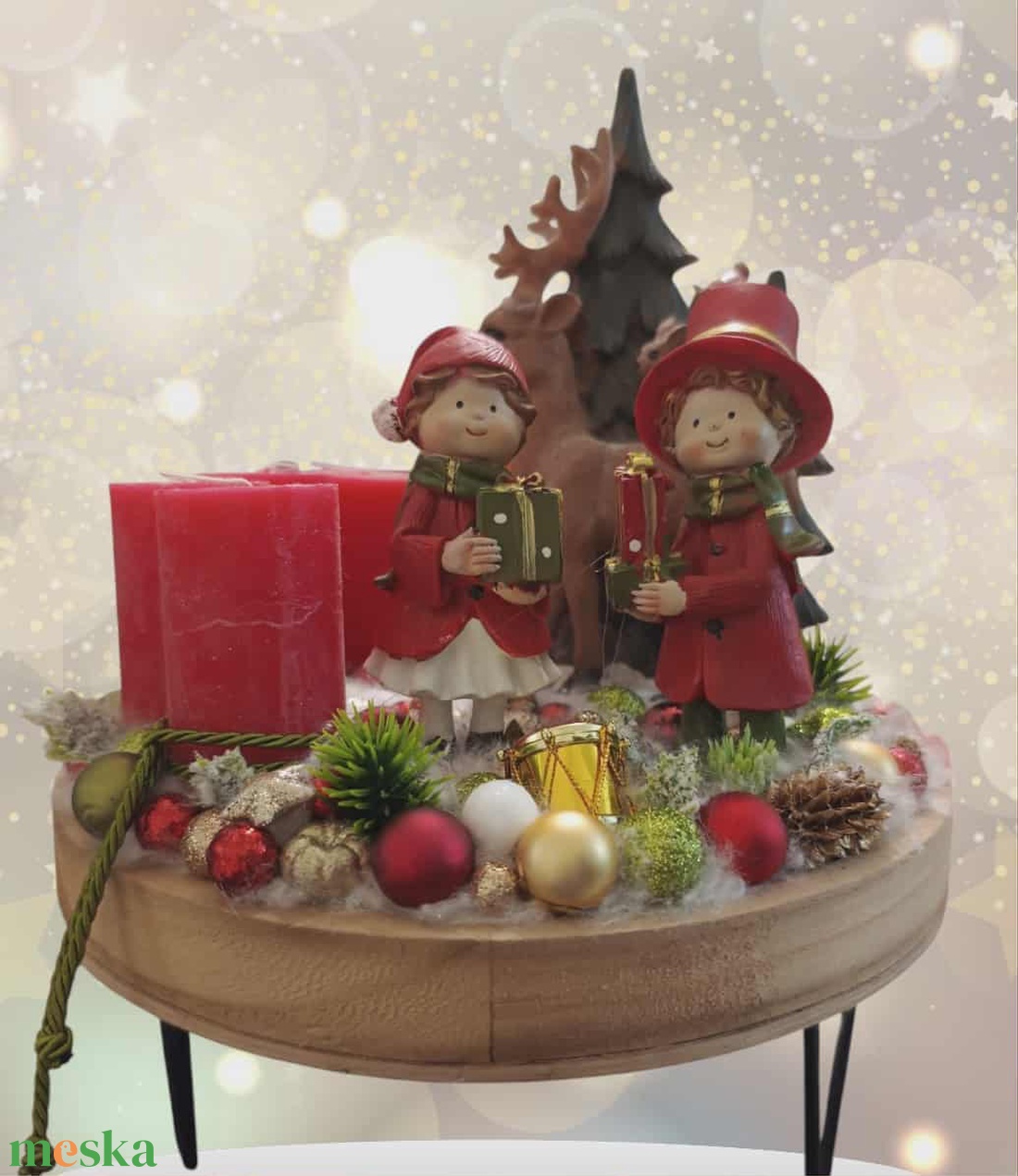 Magasított kör alapban piros gyertyákkal adventi karácsonyi ünnepi asztaldísz - karácsony - adventi díszek - adventi asztaldísz - Meska.hu