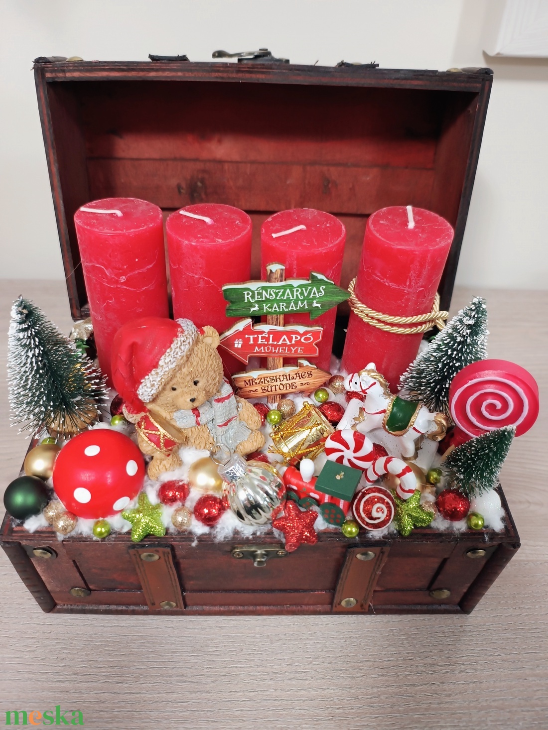 Bőröndös macis piros gyertyás asztali dísz adventi dísz - karácsony - adventi díszek - adventi asztaldísz - Meska.hu