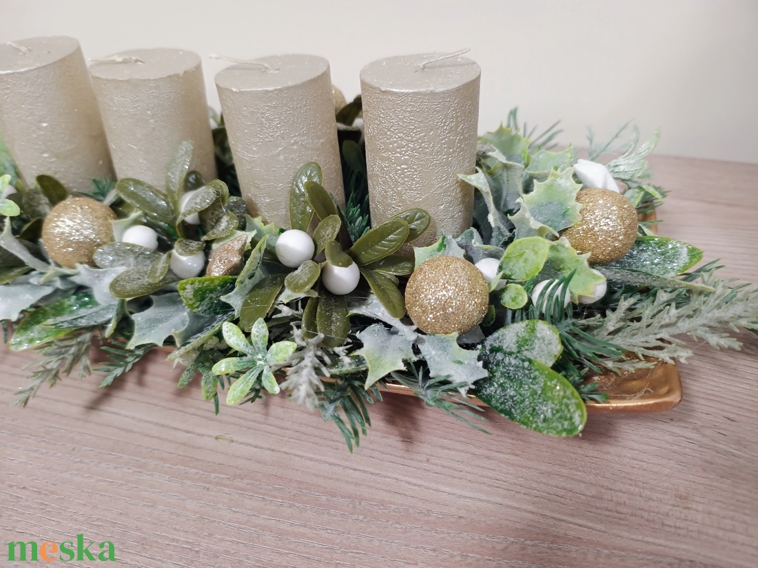 Arany zöld 4 arany gyertyás karácsonyi ünnepi adventi asztaldísz - karácsony - adventi díszek - adventi asztaldísz - Meska.hu