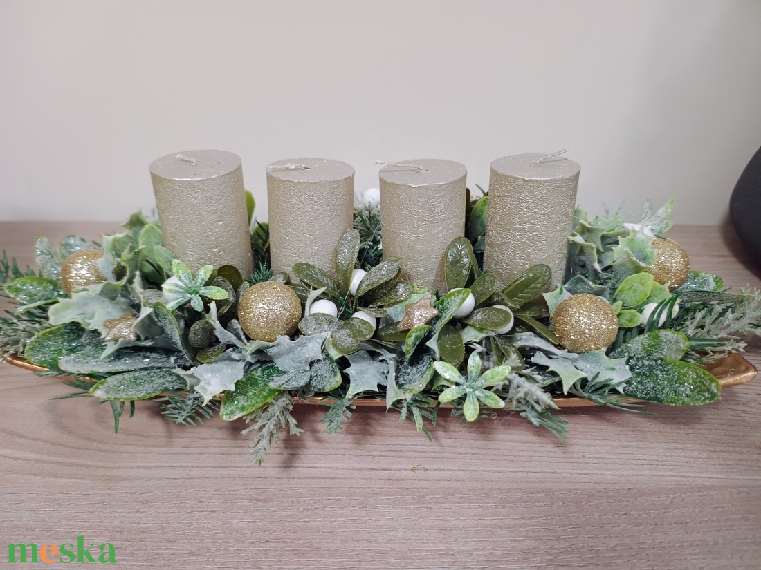 Arany zöld 4 arany gyertyás karácsonyi ünnepi adventi asztaldísz - karácsony - adventi díszek - adventi asztaldísz - Meska.hu