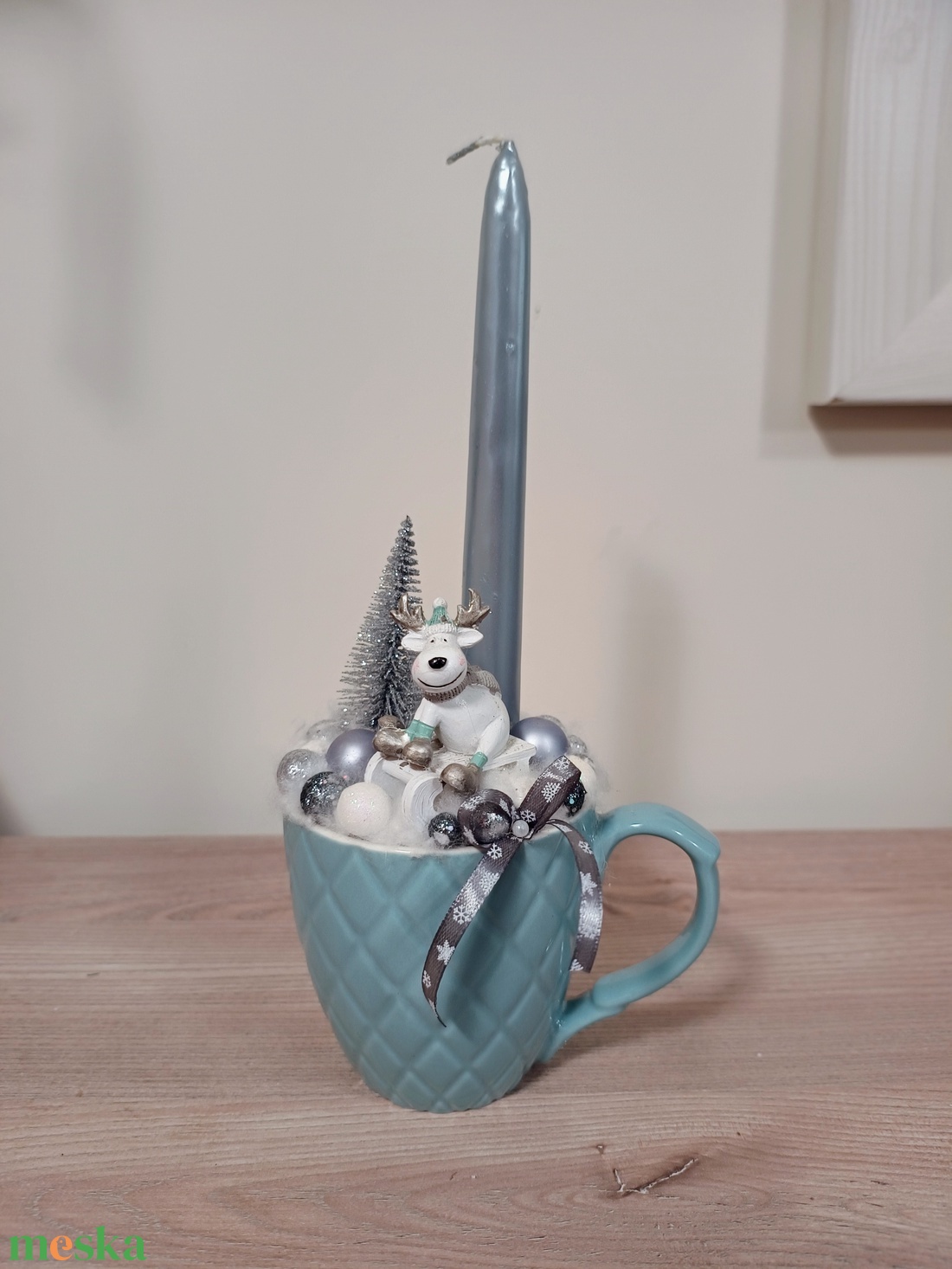 Türkiz szarvas figurás egy gyertyás bögrés dísz - karácsony - karácsonyi lakásdekoráció - karácsonyi lakásdíszek - Meska.hu