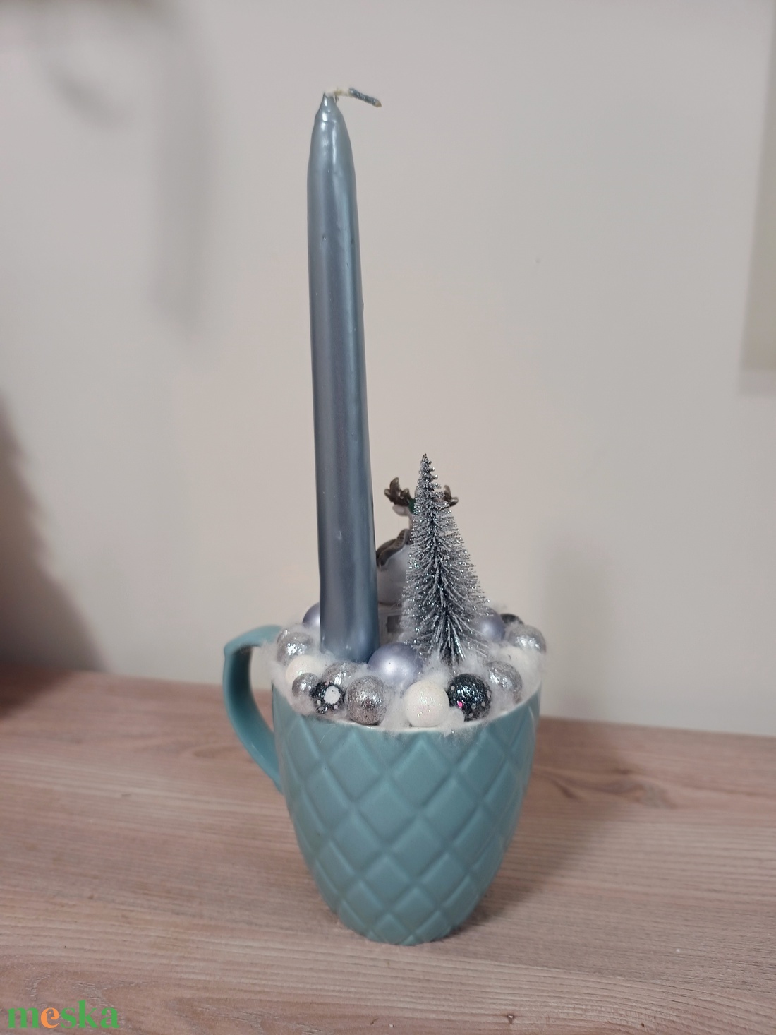 Türkiz szarvas figurás egy gyertyás bögrés dísz - karácsony - karácsonyi lakásdekoráció - karácsonyi lakásdíszek - Meska.hu
