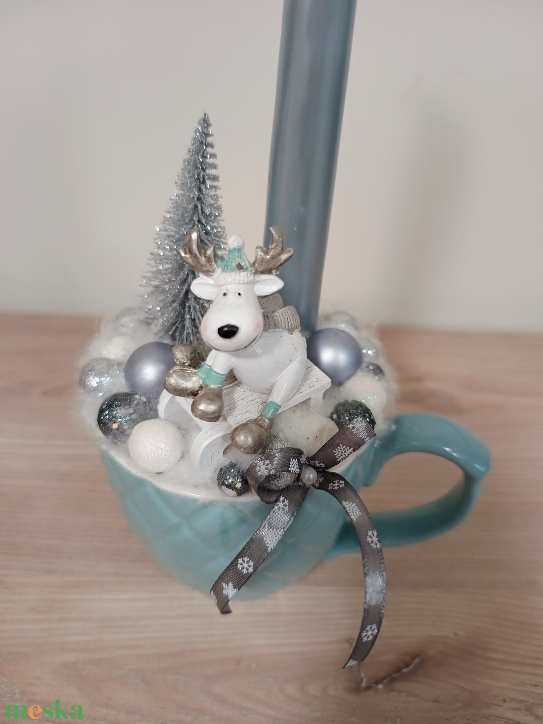 Türkiz szarvas figurás egy gyertyás bögrés dísz - karácsony - karácsonyi lakásdekoráció - karácsonyi lakásdíszek - Meska.hu