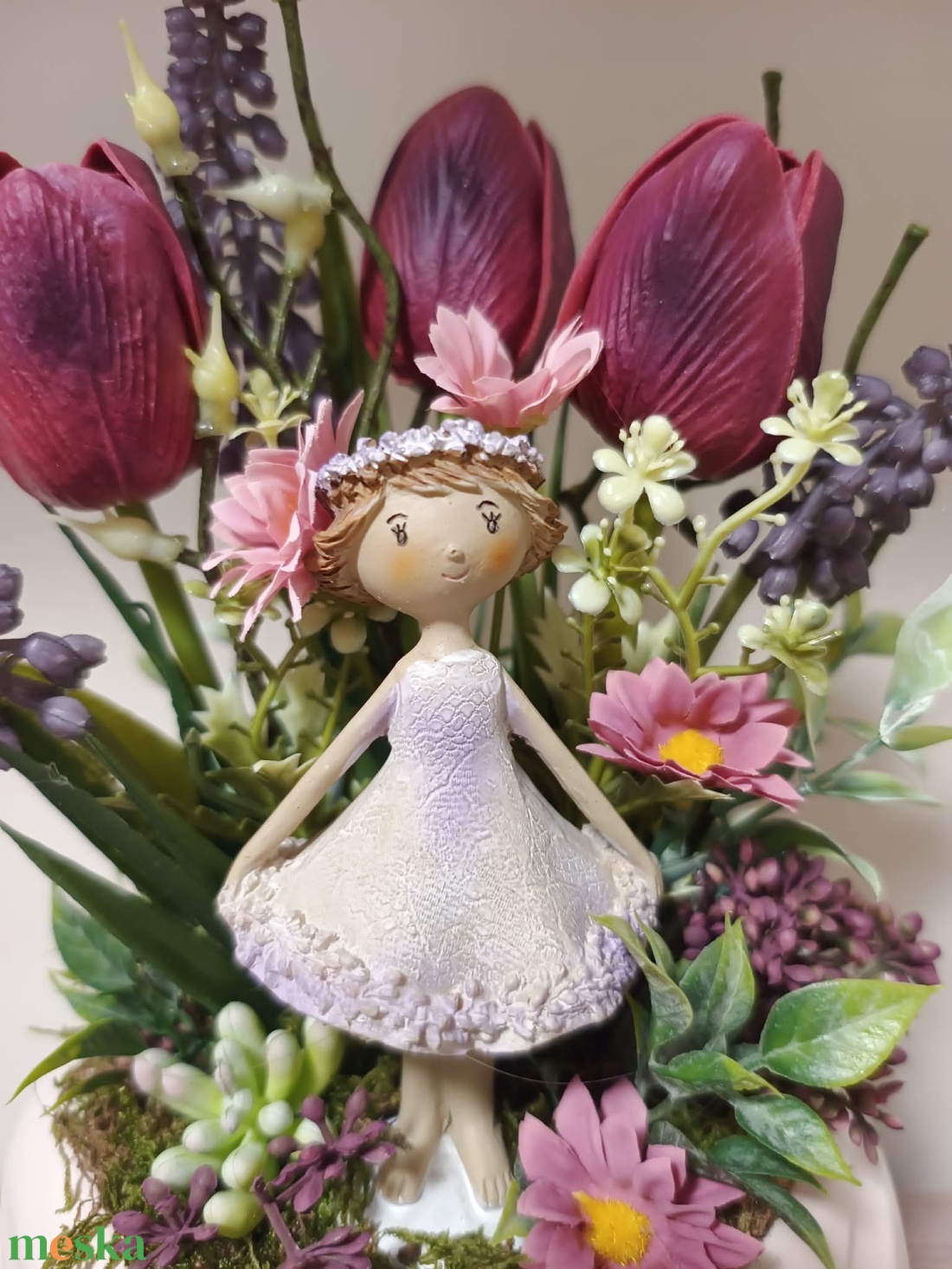 Tavaszi tündéres asztaldísz bordó és púderrózsaszín színvilágban  - otthon & életmód - dekoráció - asztal és polc dekoráció - asztaldísz - Meska.hu