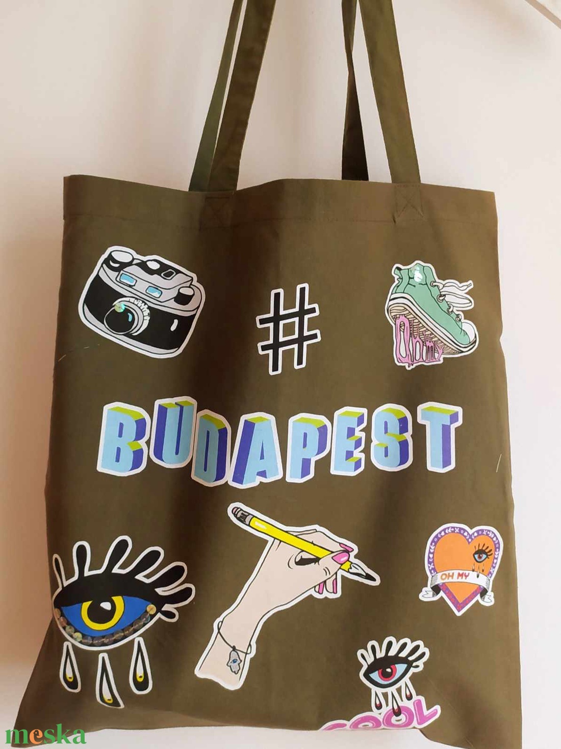 ÚJ ! ' Budapest' táska 'Stickers' sorozat-királykék felratos-olivazöld bevásárlótáska/shoppingtáska /shopper  - táska & tok - bevásárlás & shopper táska - shopper, textiltáska, szatyor - Meska.hu