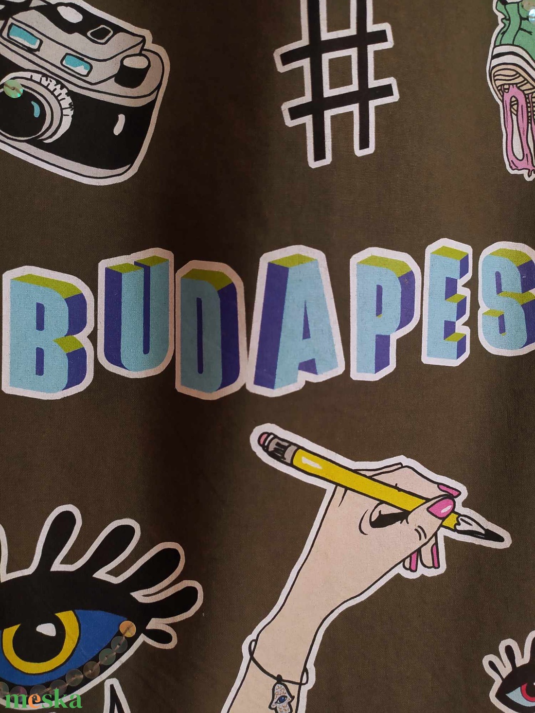  ÚJ ! ' Budapest' táska 'Stickers' sorozat-királykék felratos-olivazöld bevásárlótáska/shoppingtáska /shopper  - táska & tok - bevásárlás & shopper táska - shopper, textiltáska, szatyor - Meska.hu