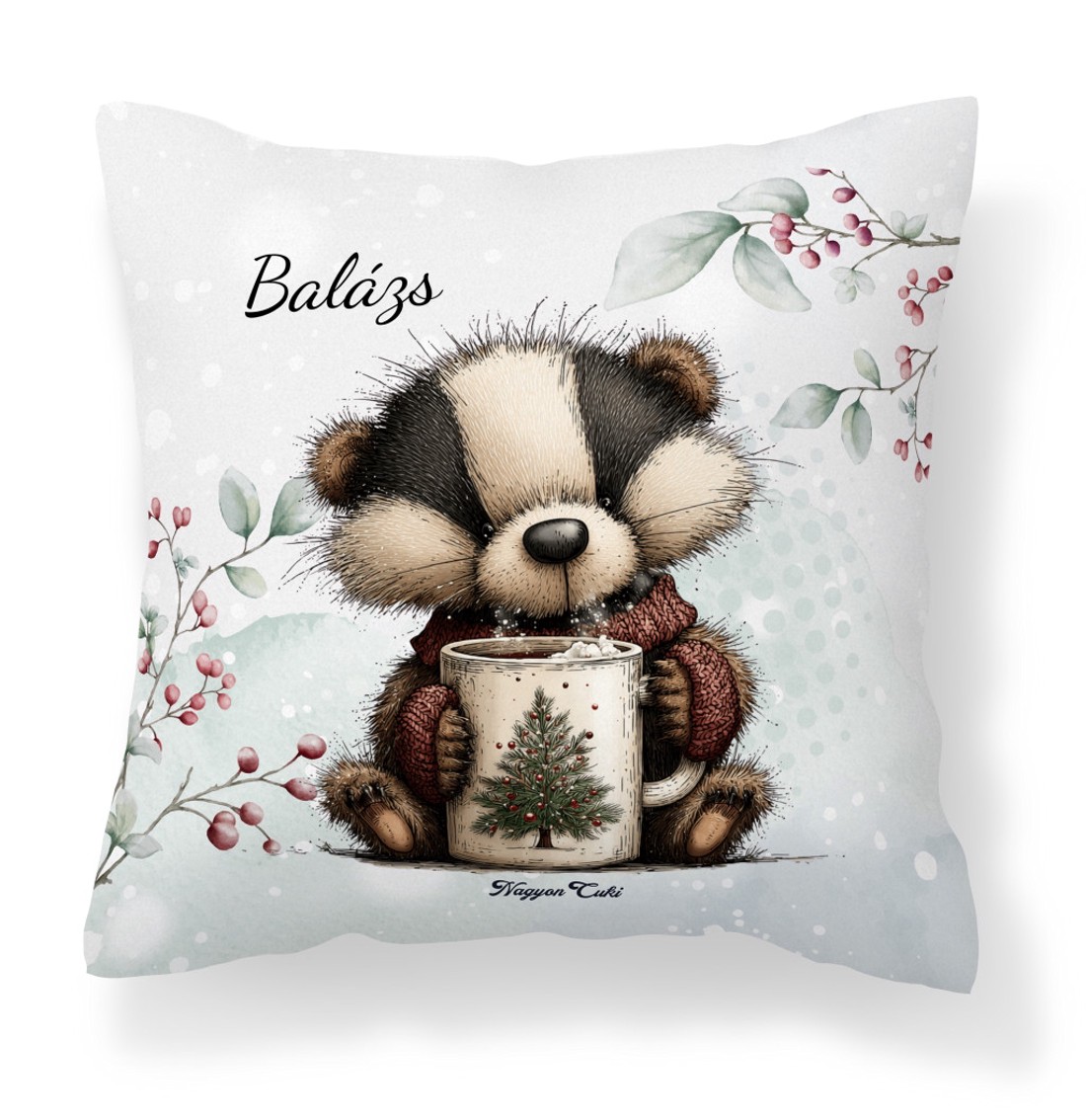 Névvel kérhető - Cuki téli borz egy kávéval mintás párna - otthon & életmód - lakástextil - párna & párnahuzat - díszpárna (belsővel együtt) - Meska.hu