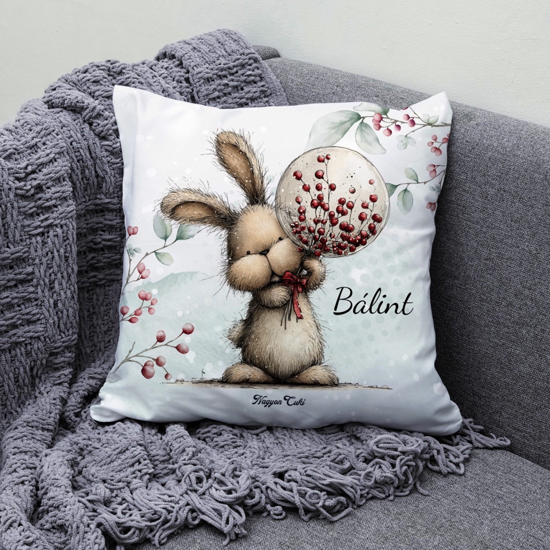 Névvel kérhető - Cuki téli nyuszi gömbbel mintás párna - otthon & életmód - lakástextil - párna & párnahuzat - díszpárna (belsővel együtt) - Meska.hu