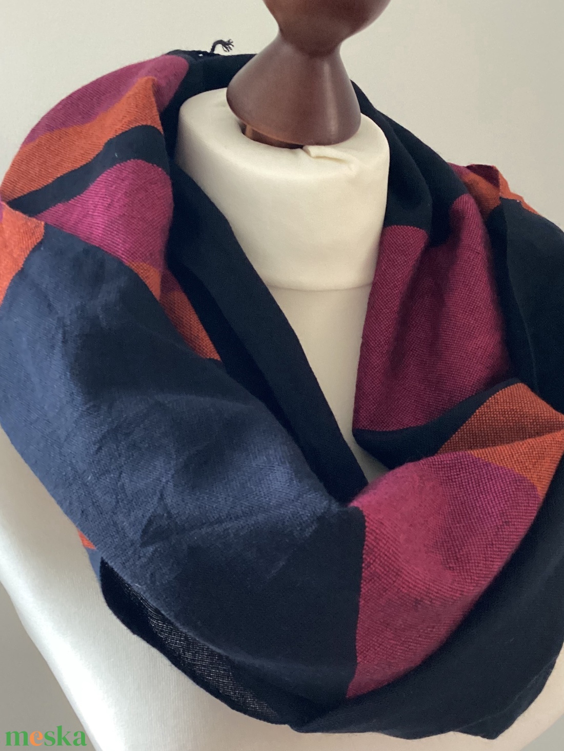 Kézzel szőtt elegáns Merinó Sötétkék narancs pink Kendő - ruha & divat - sál, sapka, kendő - kendő - Meska.hu