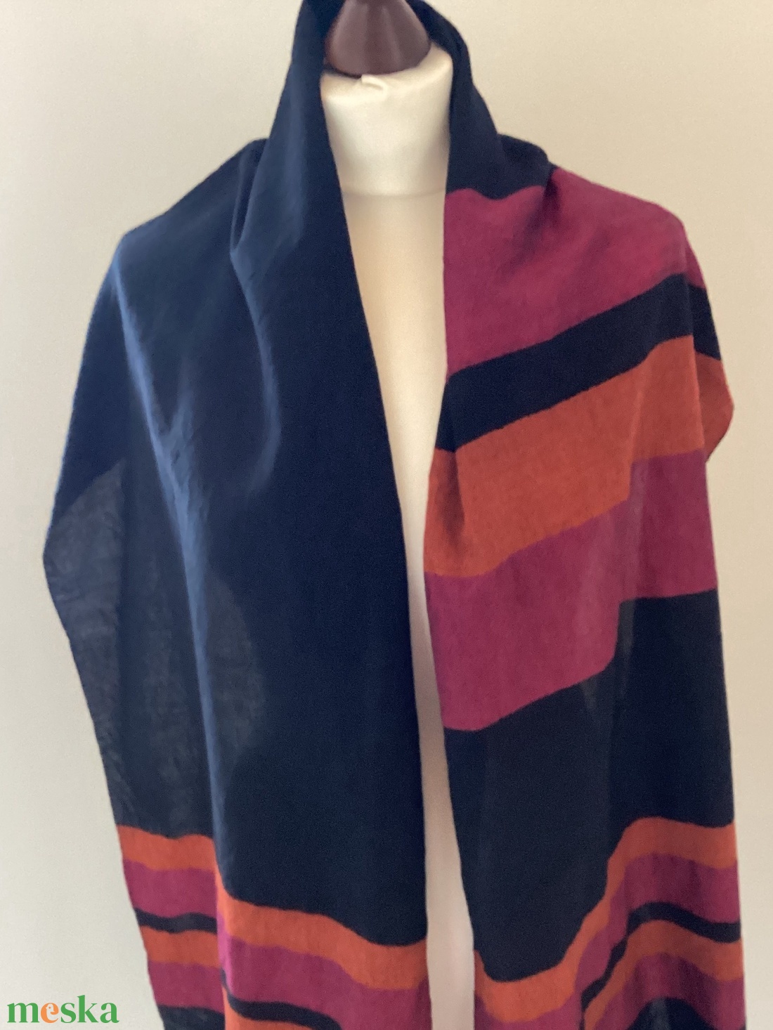 Kézzel szőtt elegáns Merinó Sötétkék narancs pink Kendő - ruha & divat - sál, sapka, kendő - kendő - Meska.hu