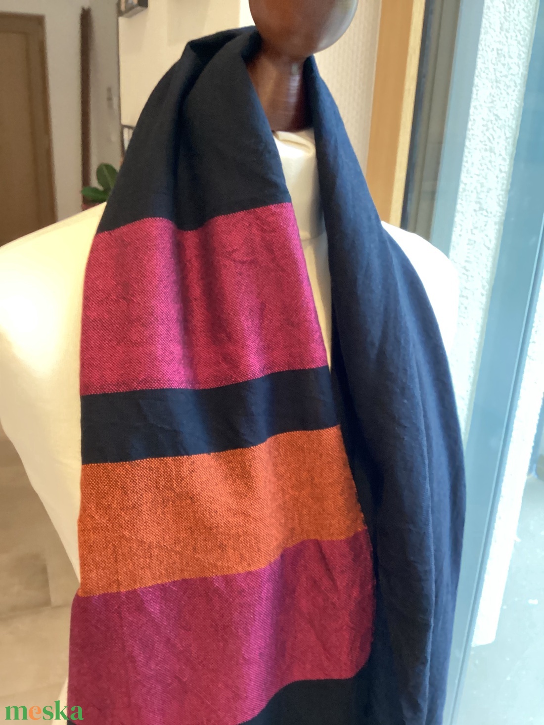 Kézzel szőtt elegáns Merinó Sötétkék narancs pink Kendő - ruha & divat - sál, sapka, kendő - kendő - Meska.hu