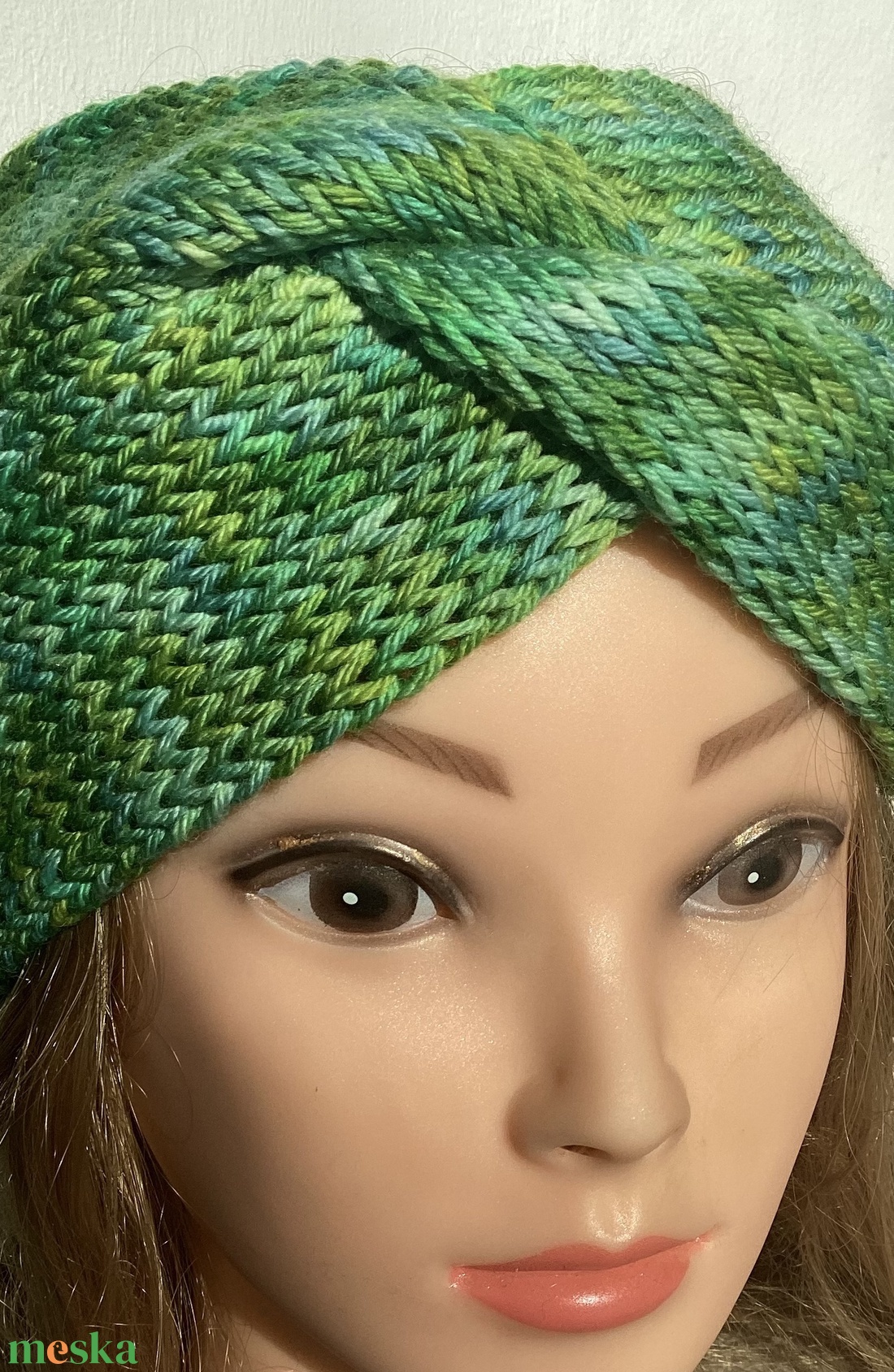 Zöld kék kézzel festett, Kötött Merino Gyapjú egyedi Csavart Fejpánt Fülmelegítő - ruha & divat - sál, sapka, kendő - fejpánt - Meska.hu