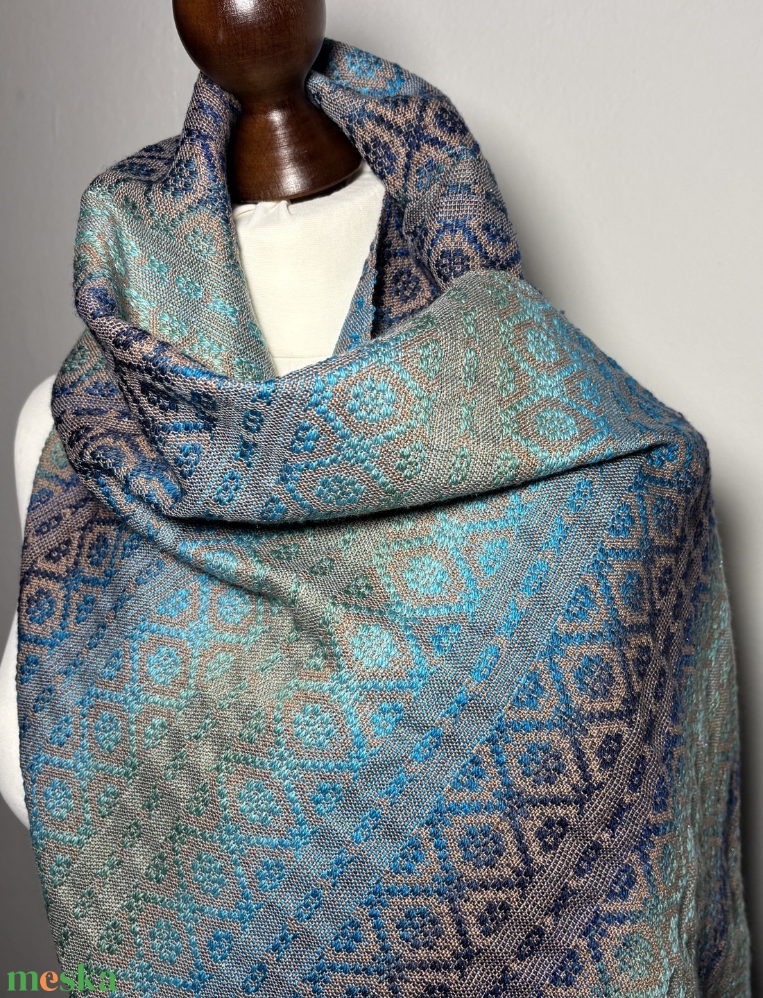 Kézzel szőtt Türkiz Barna színátmenetes Merinó és Selyem Kendő - ruha & divat - sál, sapka, kendő - kendő - Meska.hu
