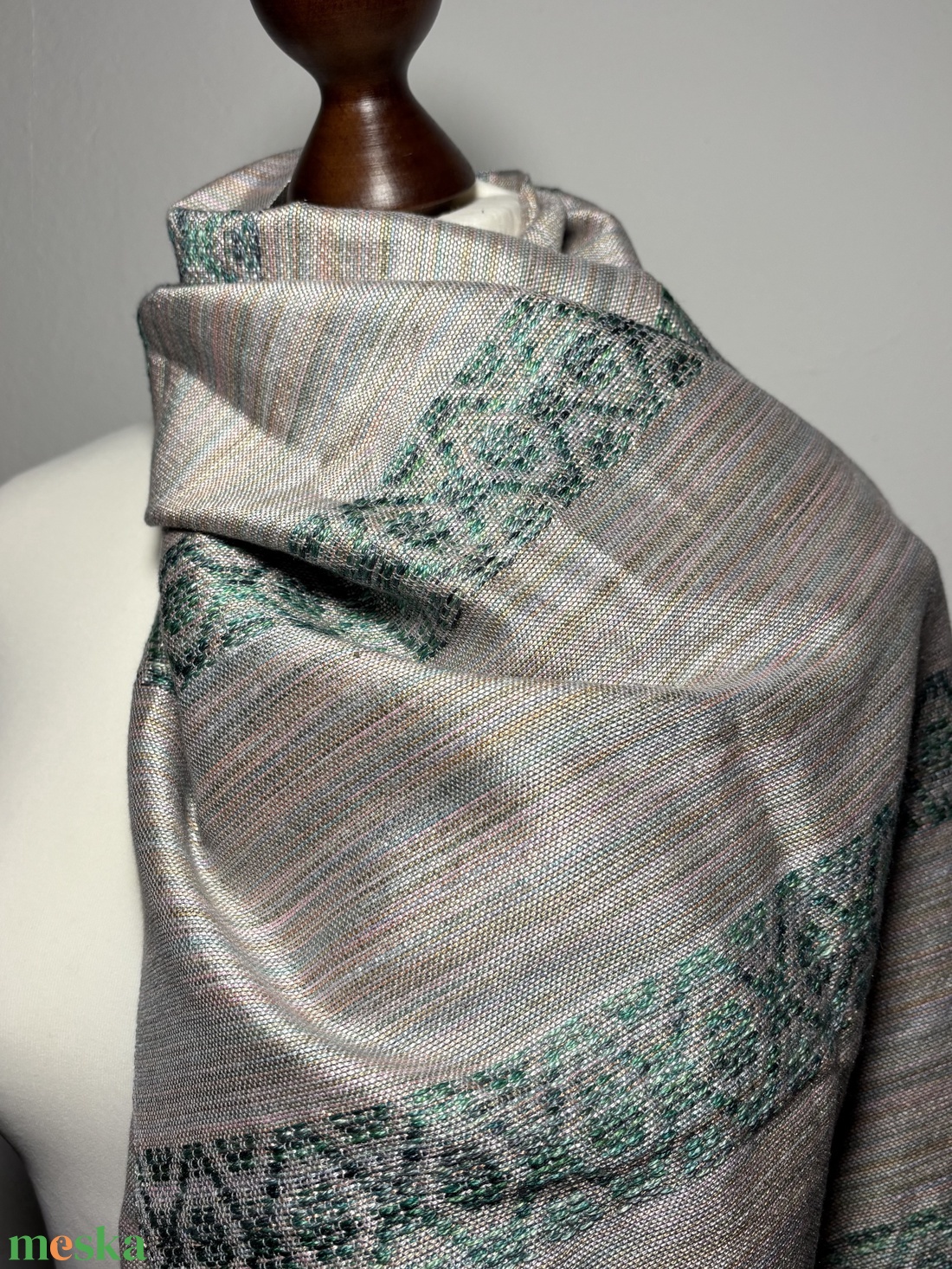 Kézzel szőtt elegáns púder Rózsaszín Zöld Selyem Kendő - ruha & divat - sál, sapka, kendő - kendő - Meska.hu