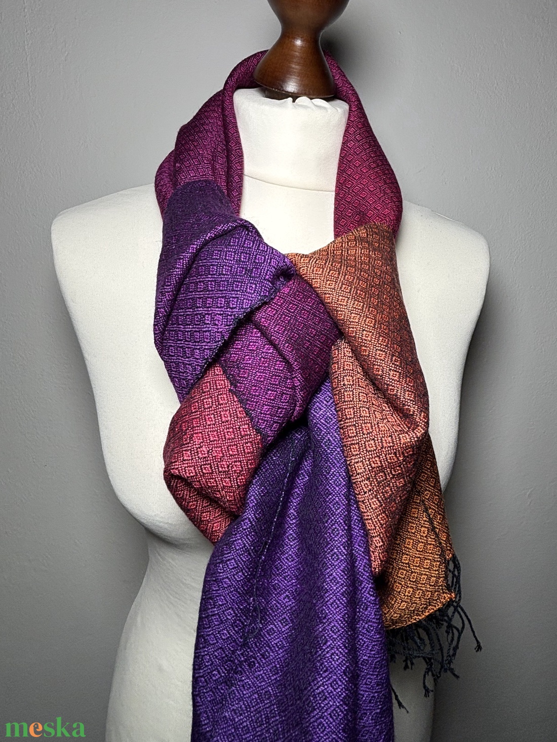 Kézzel szőtt Lila Narancs Selyem és Merinó Kendő - ruha & divat - sál, sapka, kendő - kendő - Meska.hu