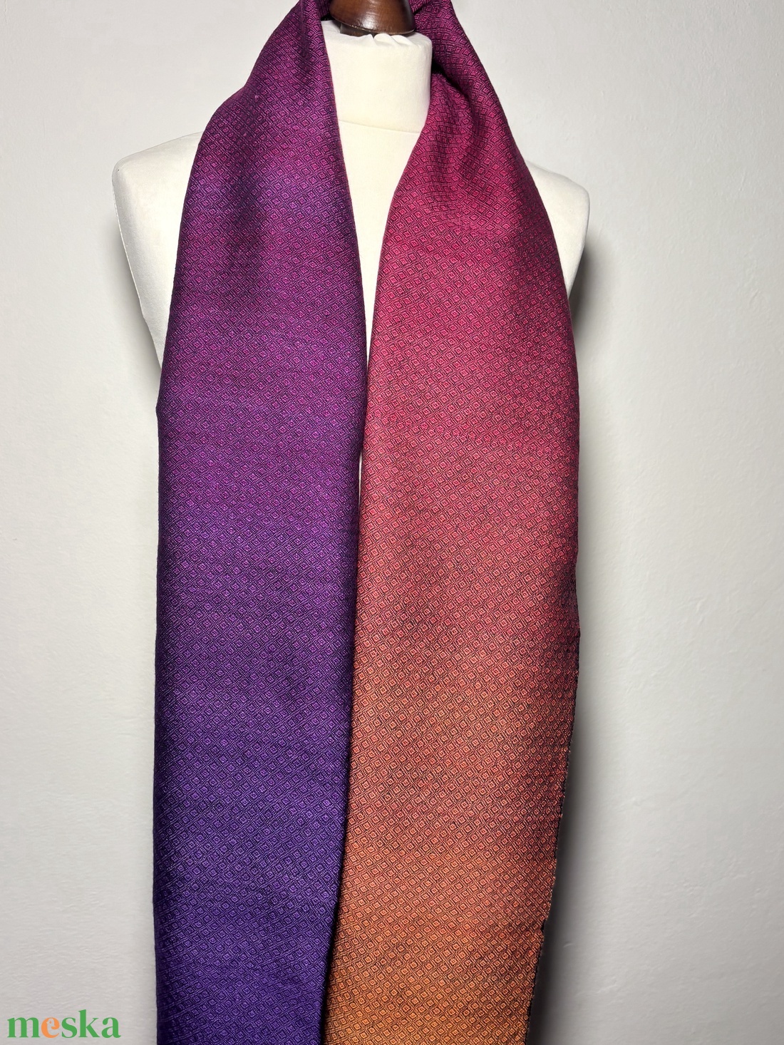 Kézzel szőtt Lila Narancs Selyem és Merinó Kendő - ruha & divat - sál, sapka, kendő - kendő - Meska.hu