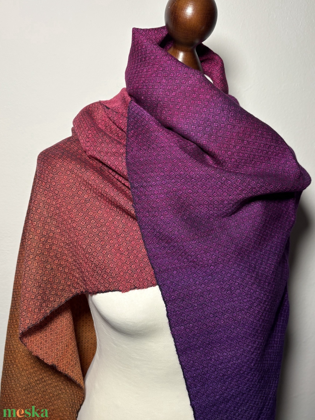 Kézzel szőtt Lila Narancs Selyem és Merinó Kendő - ruha & divat - sál, sapka, kendő - kendő - Meska.hu