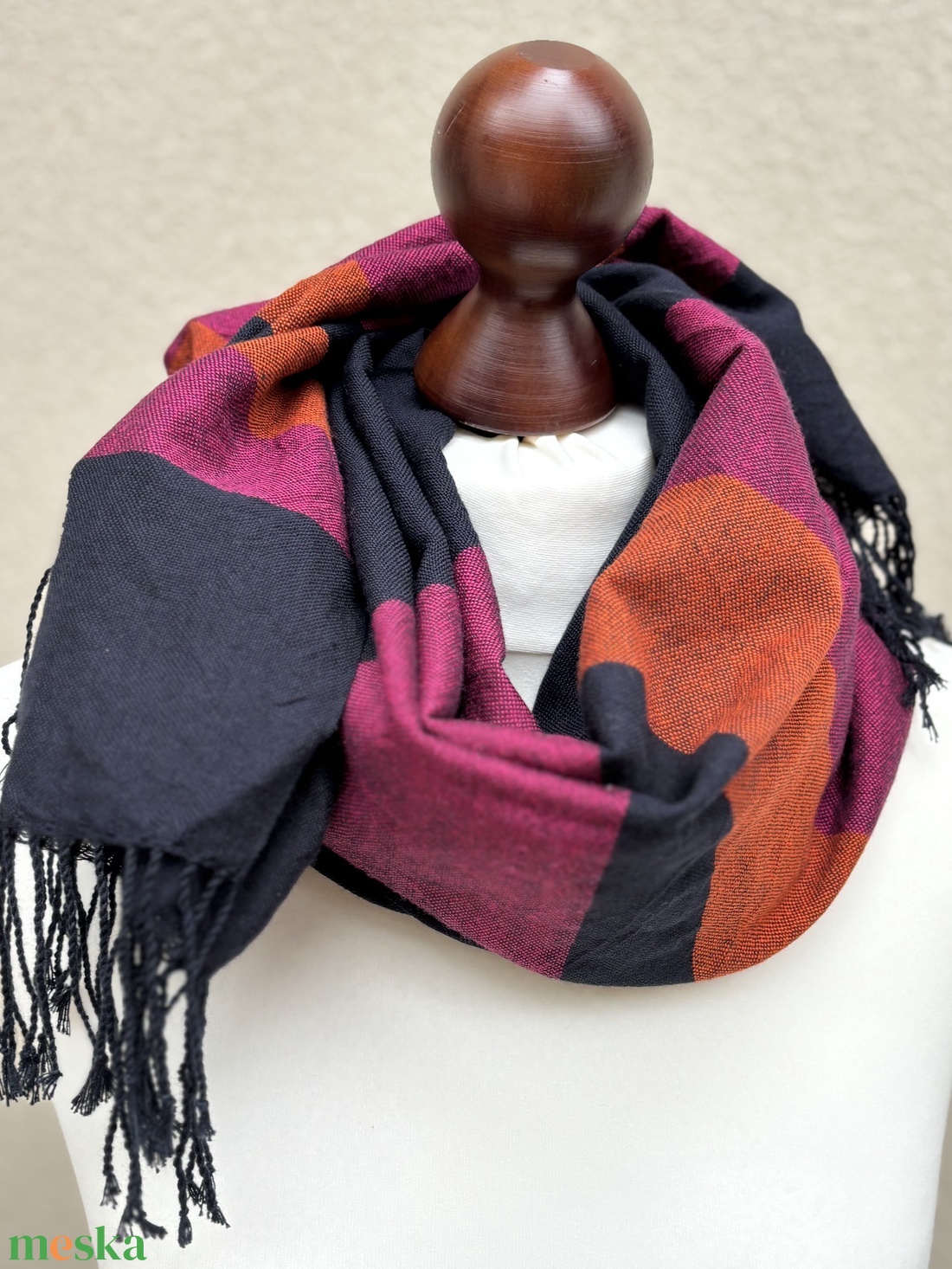Kézzel szőtt elegáns Merinó Sötétkék narancs pink Kendő - ruha & divat - sál, sapka, kendő - kendő - Meska.hu