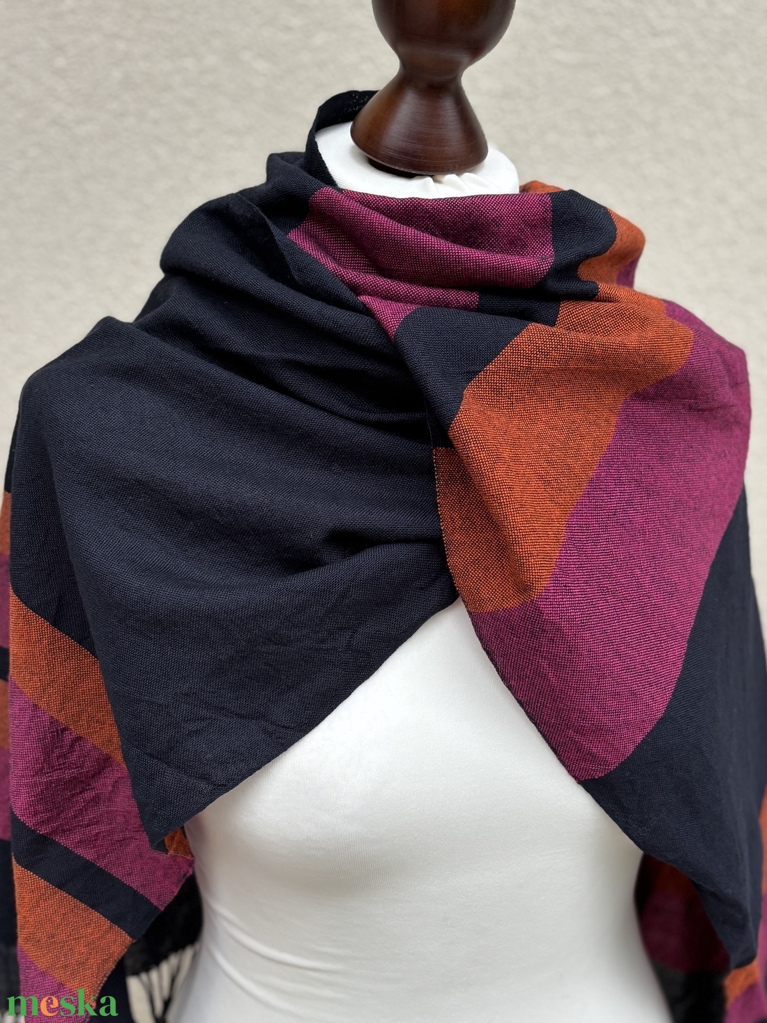 Kézzel szőtt elegáns Merinó Sötétkék narancs pink Kendő - ruha & divat - sál, sapka, kendő - kendő - Meska.hu