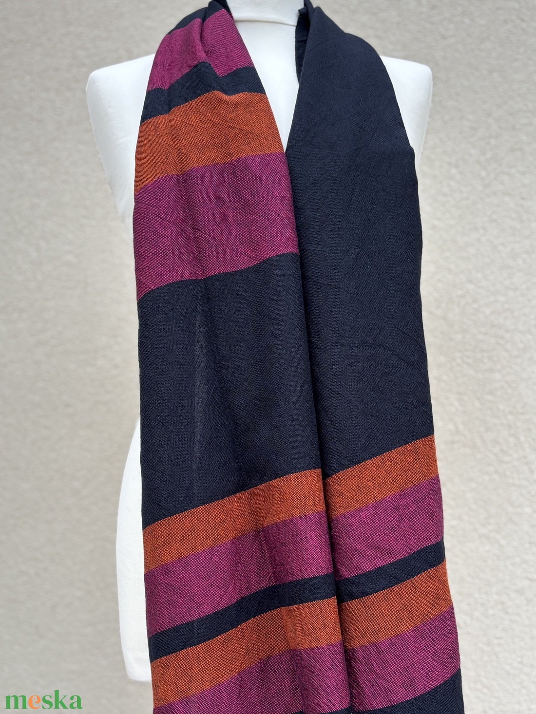 Kézzel szőtt elegáns Merinó Sötétkék narancs pink Kendő - ruha & divat - sál, sapka, kendő - kendő - Meska.hu
