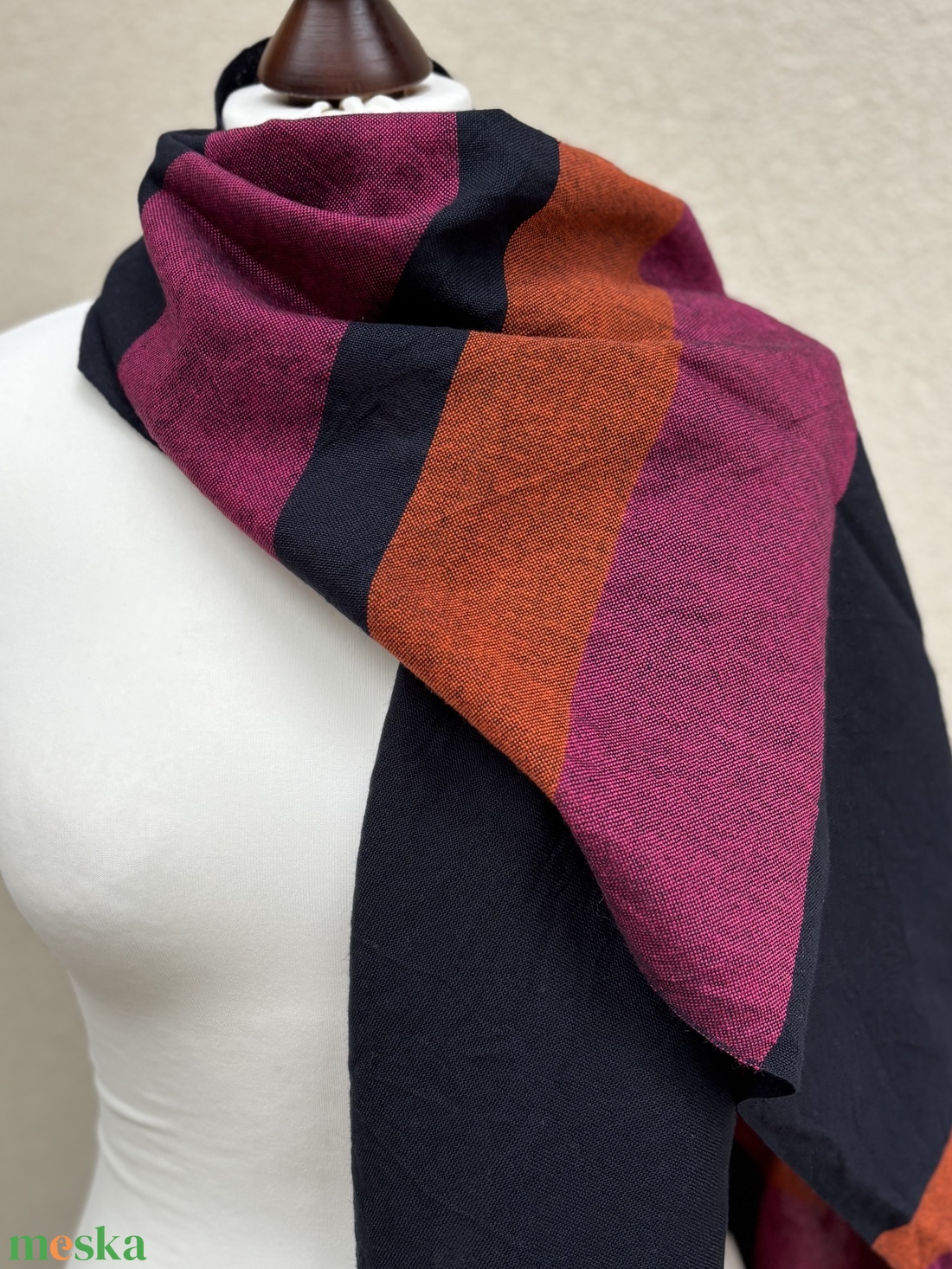 Kézzel szőtt elegáns Merinó Sötétkék narancs pink Kendő - ruha & divat - sál, sapka, kendő - kendő - Meska.hu