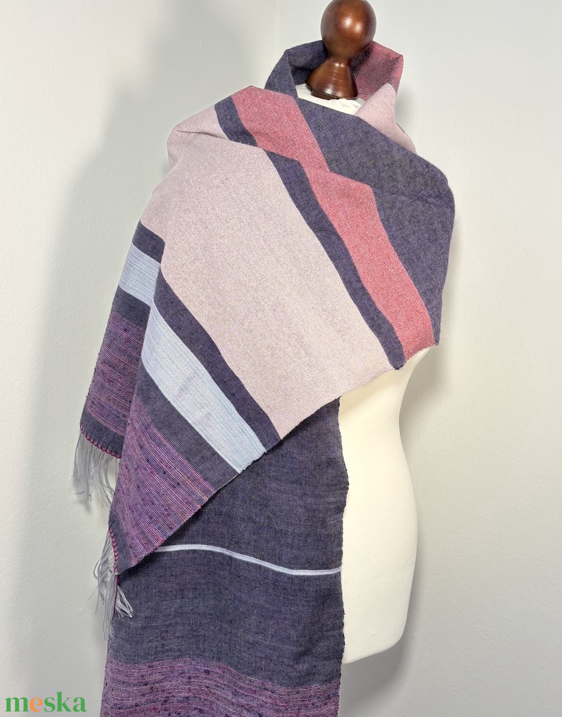 Kézzel Szőtt Merinó�Selyem Kendő Yak Gyapjúval, Lila�Rózsaszín Csíkos Vállkendő, Kézműves Prémium Sál - ruha & divat - sál, sapka, kendő - kendő - Meska.hu