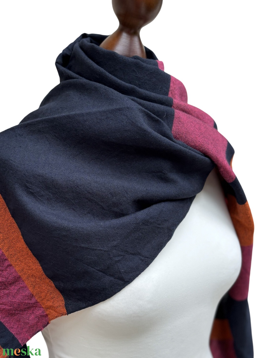 Kézzel szőtt elegáns Merinó Sötétkék narancs pink Kendő - ruha & divat - sál, sapka, kendő - kendő - Meska.hu