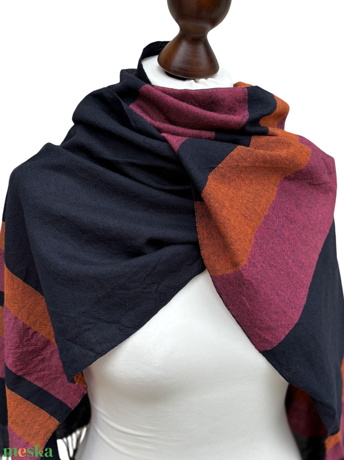 Kézzel szőtt elegáns Merinó Sötétkék narancs pink Kendő - ruha & divat - sál, sapka, kendő - kendő - Meska.hu