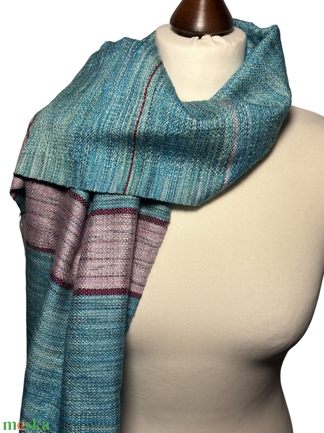 Kézzel szőtt Aszimmetrikus türkiz kendő lila csíkokkal  - ruha & divat - sál, sapka, kendő - kendő - Meska.hu