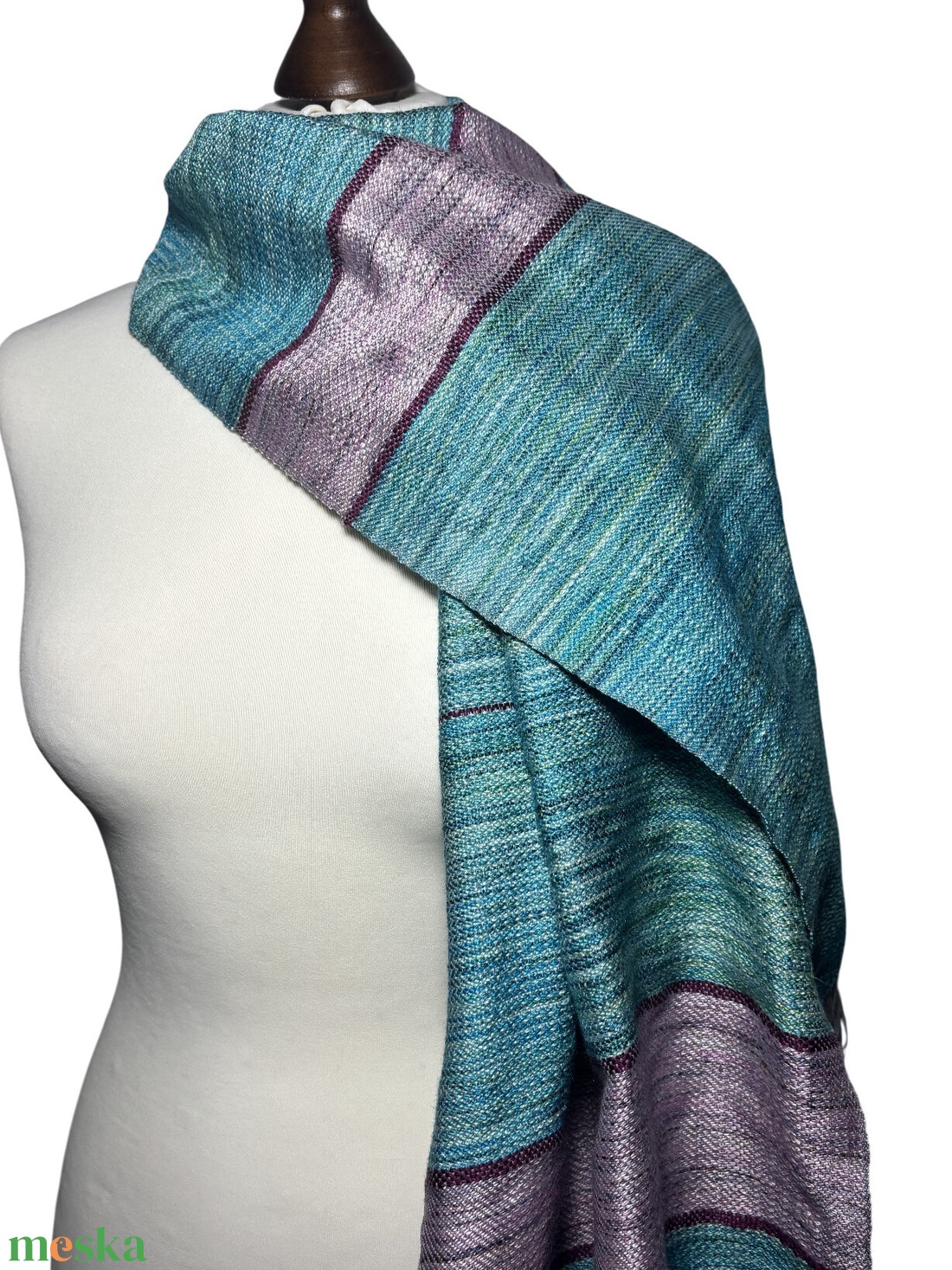 Kézzel szőtt Aszimmetrikus türkiz kendő lila csíkokkal  - ruha & divat - sál, sapka, kendő - kendő - Meska.hu