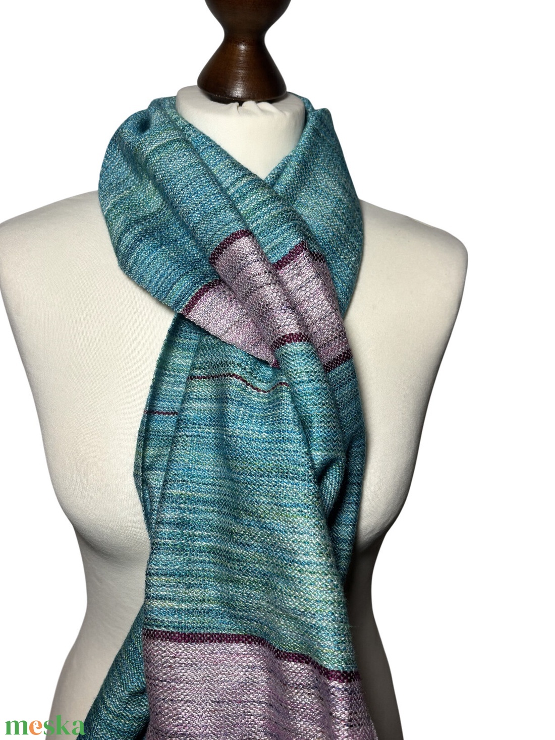 Kézzel szőtt Aszimmetrikus türkiz kendő lila csíkokkal  - ruha & divat - sál, sapka, kendő - kendő - Meska.hu