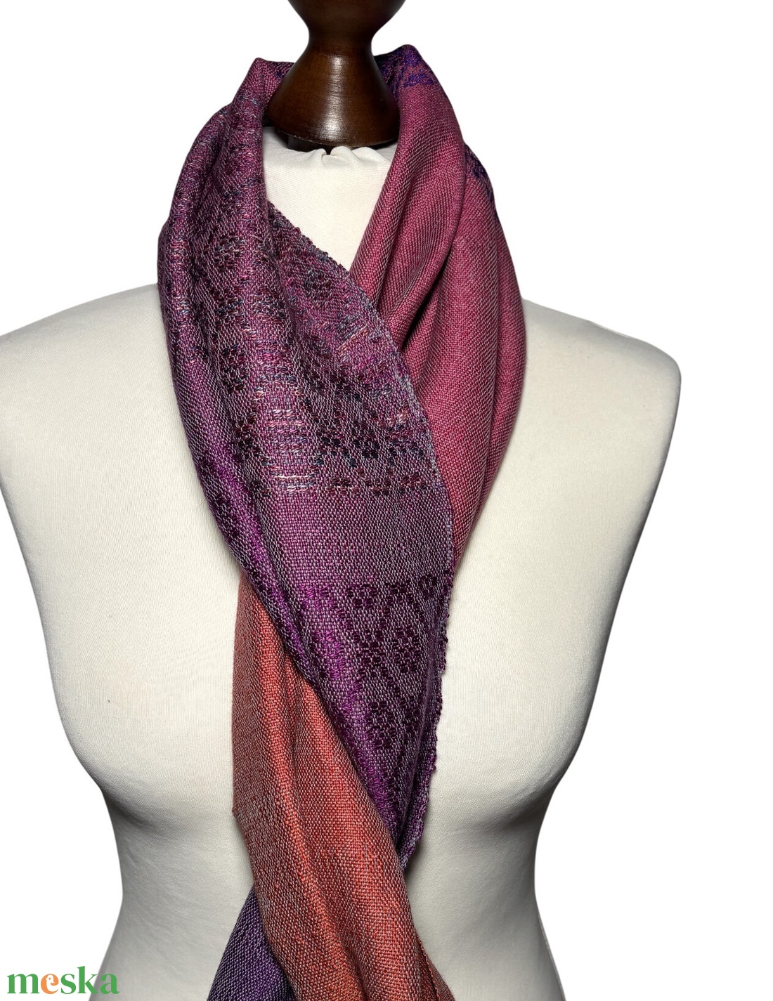 Viragmintás kézzel szőtt lila, narancs merinó selyem sál - ruha & divat - sál, sapka, kendő - kendő - Meska.hu