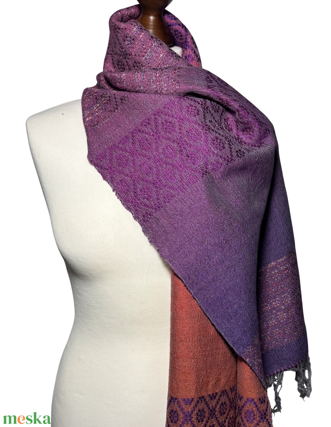 Viragmintás kézzel szőtt lila, narancs merinó selyem sál - ruha & divat - sál, sapka, kendő - kendő - Meska.hu