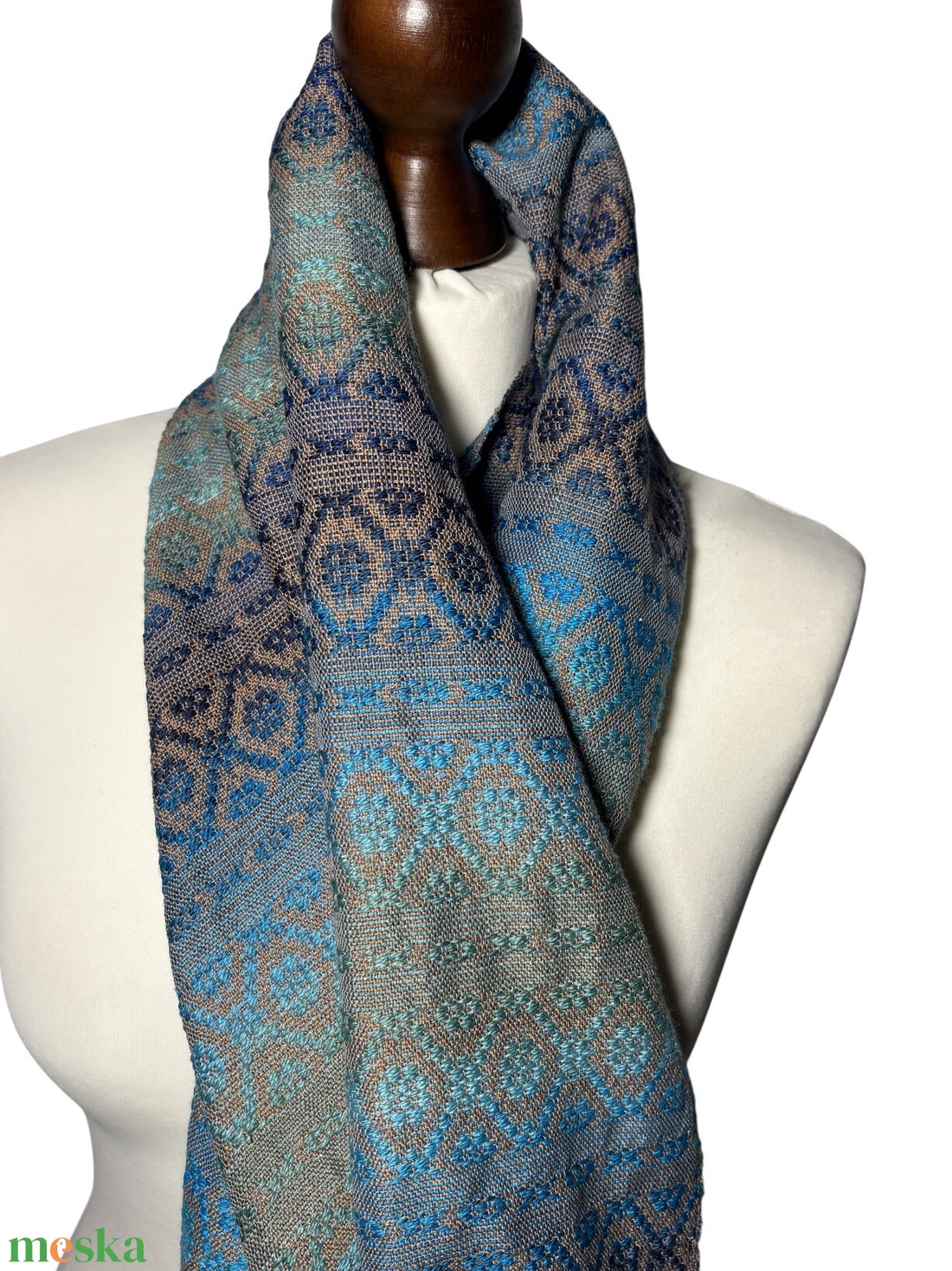 Kézzel szőtt Türkiz Barna színátmenetes Merinó és Selyem Kendő - ruha & divat - sál, sapka, kendő - kendő - Meska.hu