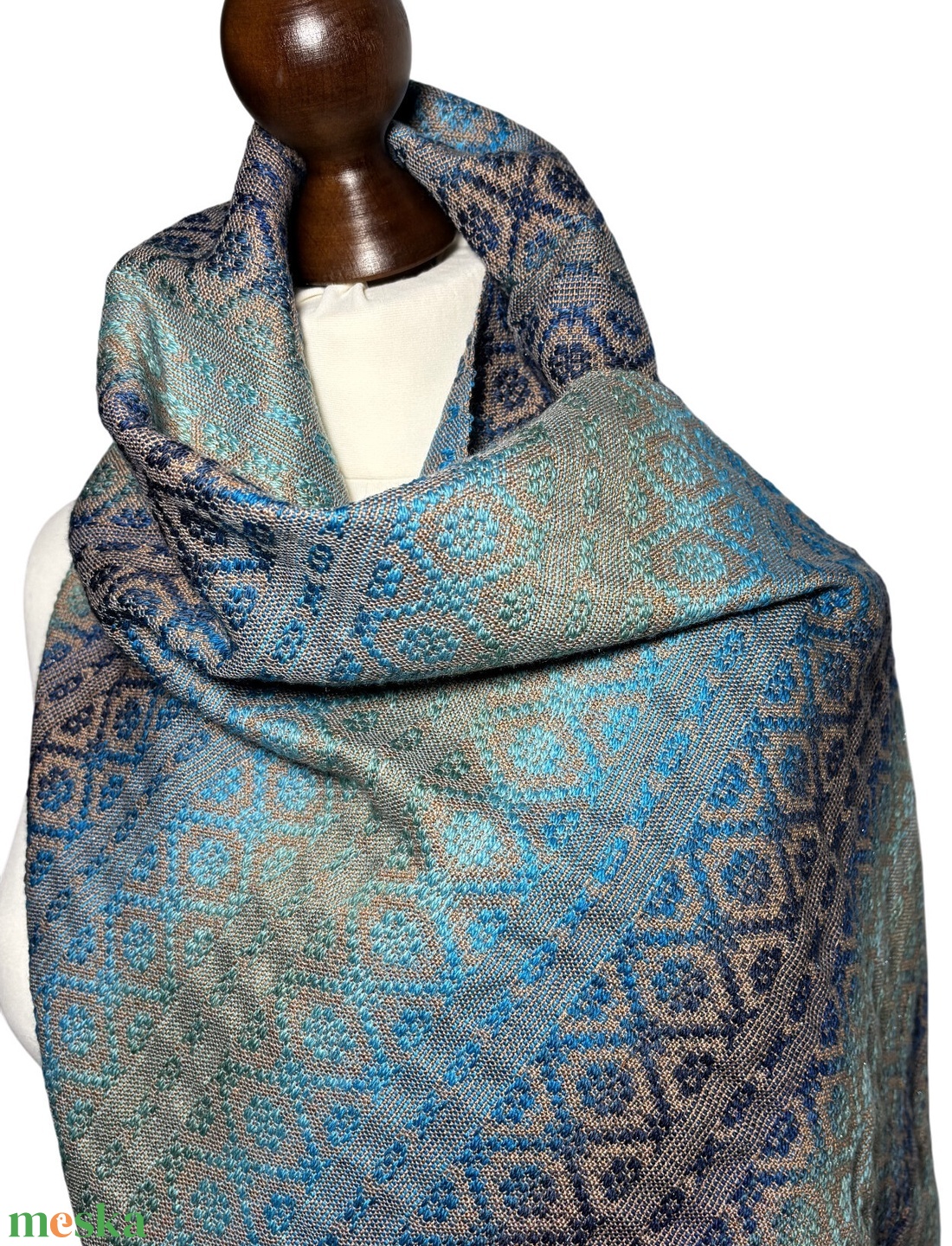 Kézzel szőtt Türkiz Barna színátmenetes Merinó és Selyem Kendő - ruha & divat - sál, sapka, kendő - kendő - Meska.hu