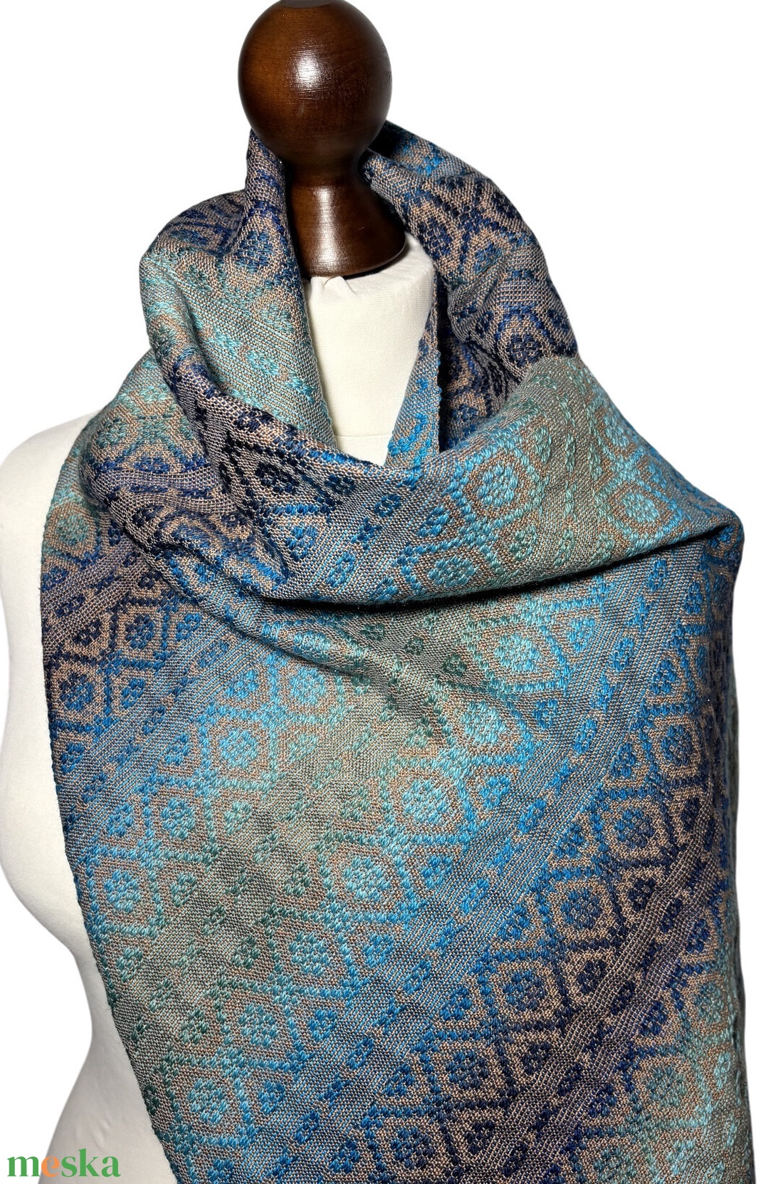 Kézzel szőtt Türkiz Barna színátmenetes Merinó és Selyem Kendő - ruha & divat - sál, sapka, kendő - kendő - Meska.hu