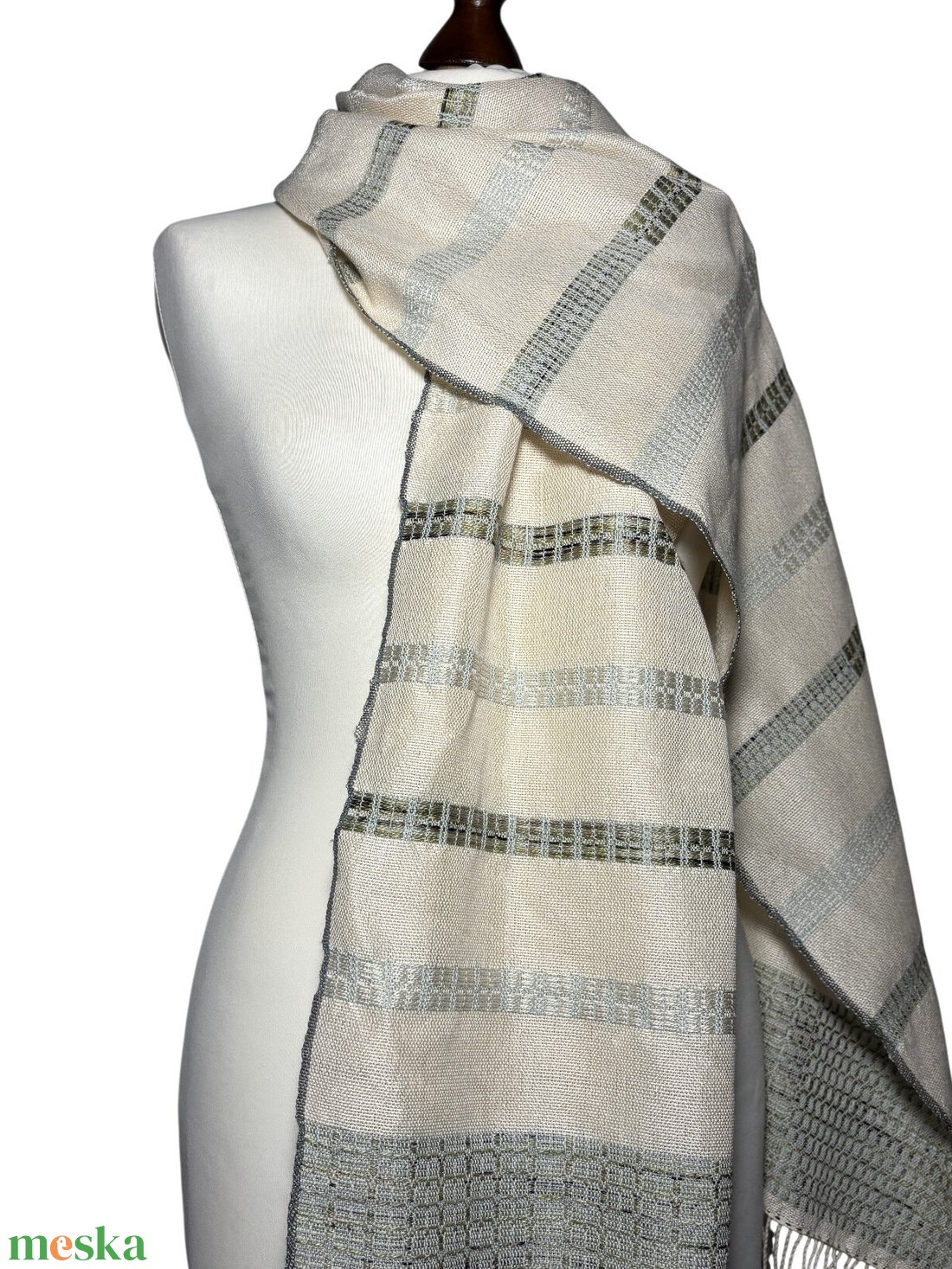 Kézzel szőtt rusztikus Mulberry Selyem - Merinó Nyers Zöld Kendő - ruha & divat - sál, sapka, kendő - kendő - Meska.hu