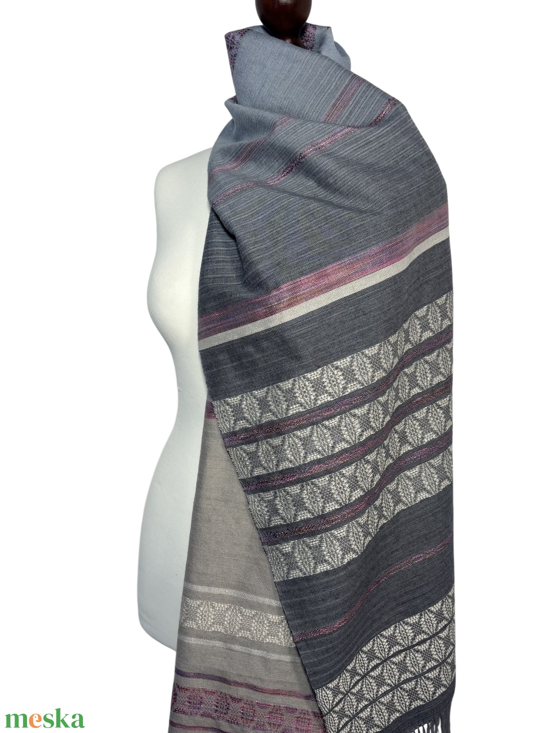 Kézzel szőtt ombre szürke-kék-bézs Merino kendő � Málna és krém mintával � Luxus gyapjú sál � Elegáns női vállkendő - ruha & divat - sál, sapka, kendő - kendő - Meska.hu