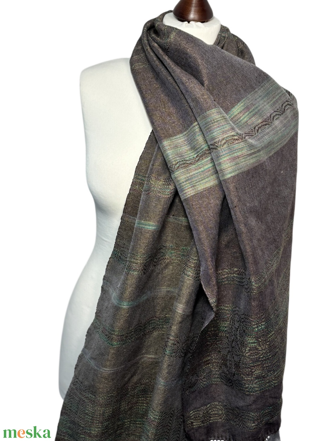 Kézzel szőtt Mohazöld Barna Selyem Merino kendő, Elegáns női kiegészítő - ruha & divat - sál, sapka, kendő - kendő - Meska.hu