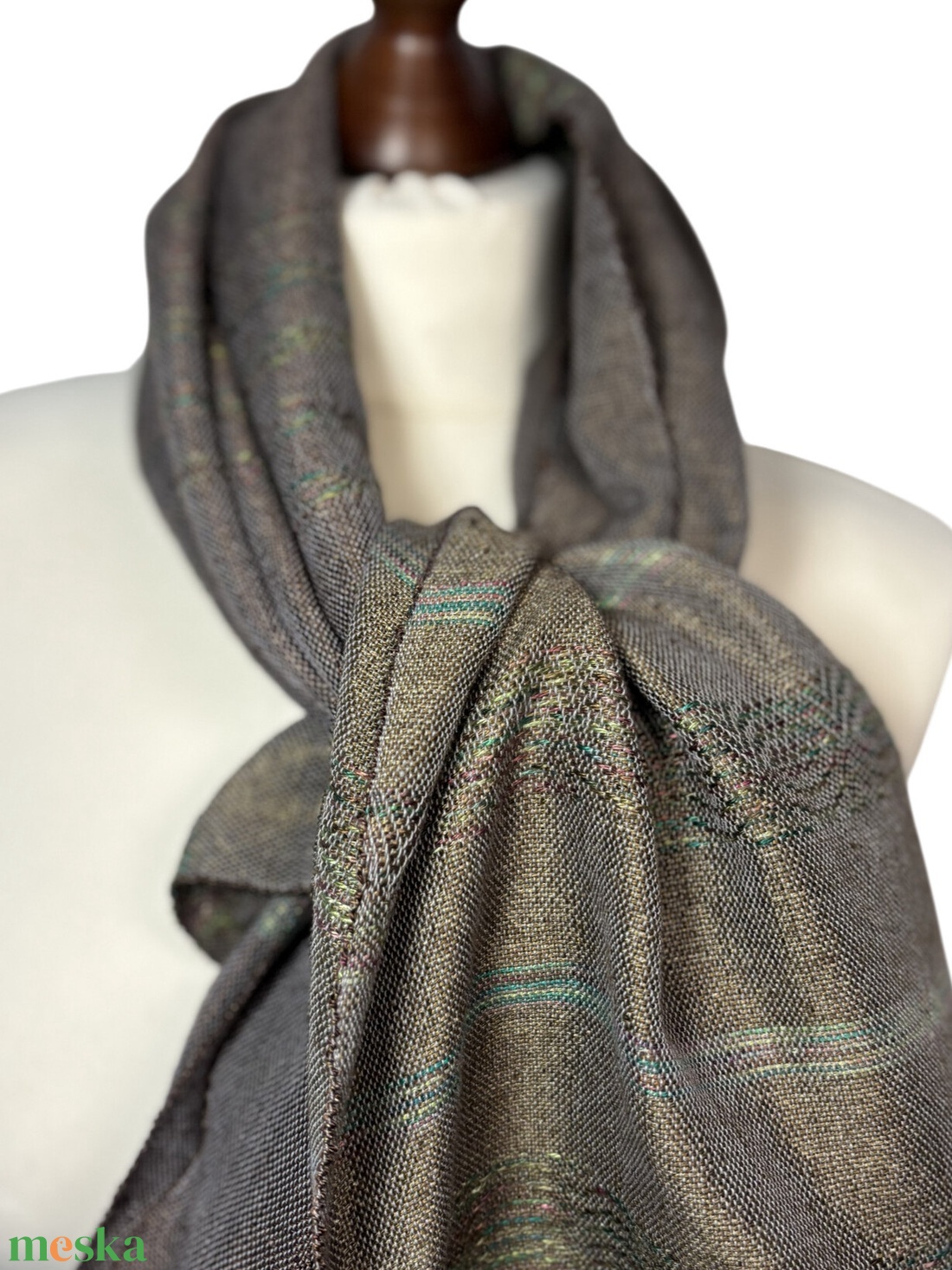 Kézzel szőtt Mohazöld Barna Selyem Merino kendő, Elegáns női kiegészítő - ruha & divat - sál, sapka, kendő - kendő - Meska.hu