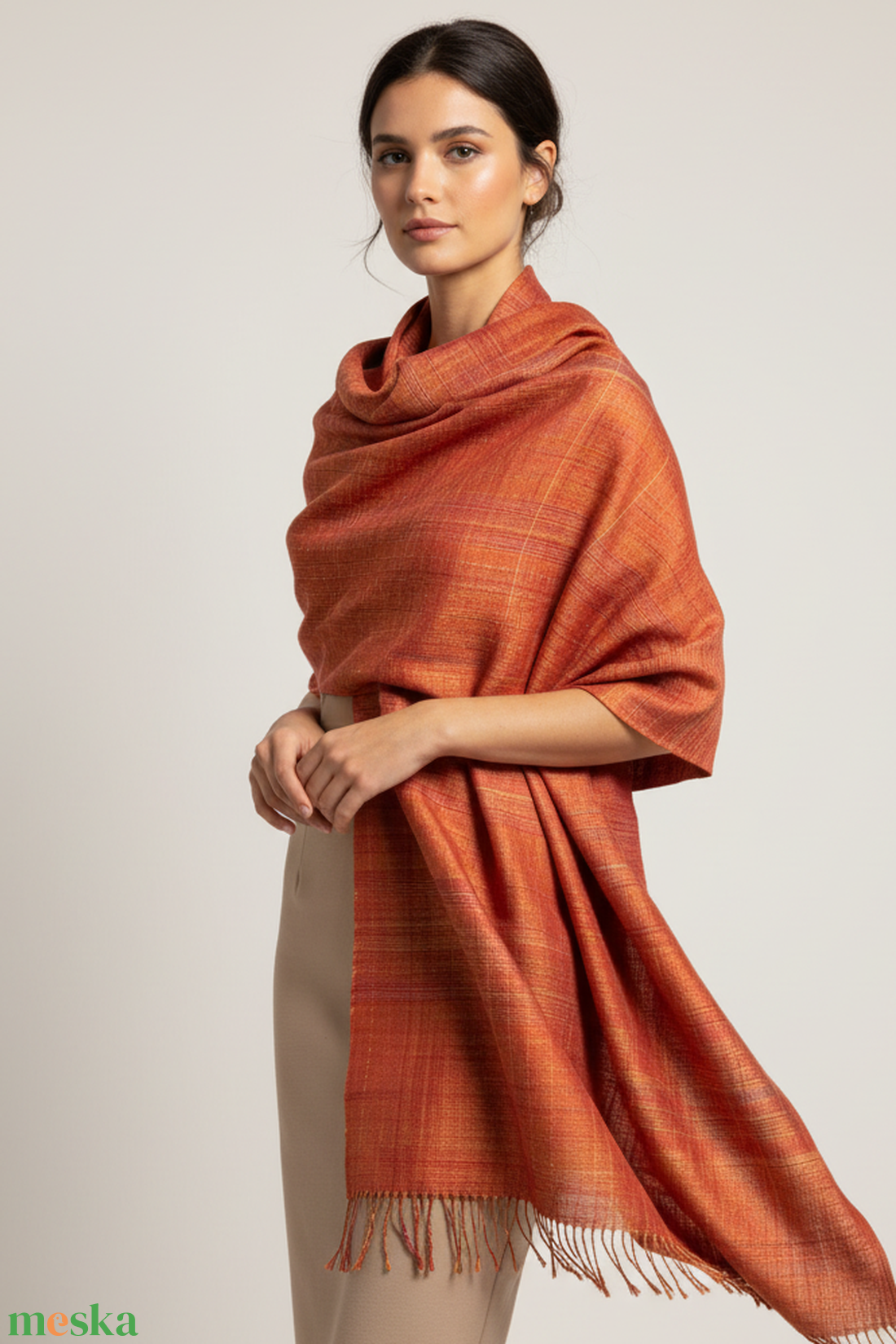 Kézzel szőtt Terrakotta Merino - Selyem Kendő - ruha & divat - sál, sapka, kendő - kendő - Meska.hu