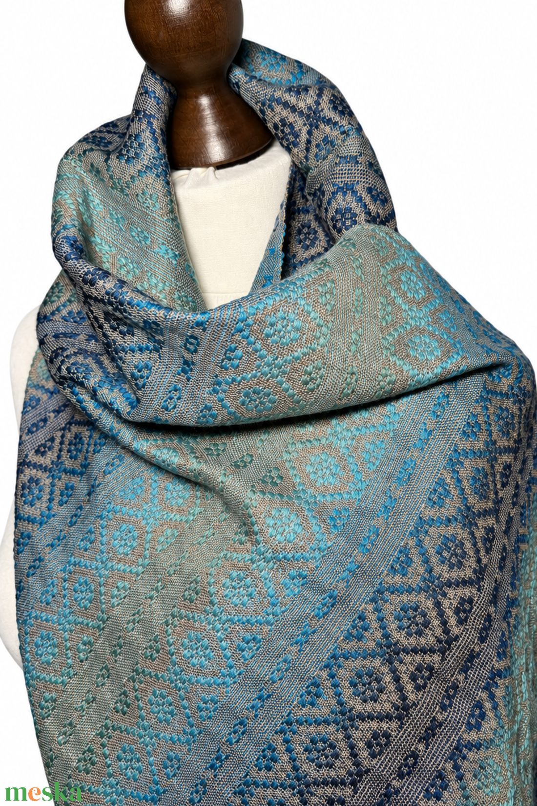 Kézzel szőtt Türkiz Barna színátmenetes Merinó és Selyem Kendő - ruha & divat - sál, sapka, kendő - kendő - Meska.hu