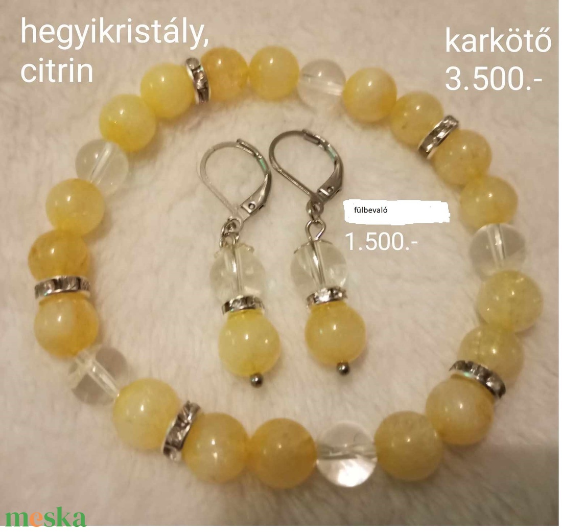 Ásványból készült karkötő és fülbevaló szettben - Citrin és hegyikristály ásványokkal - ékszer - ékszerszett - Meska.hu