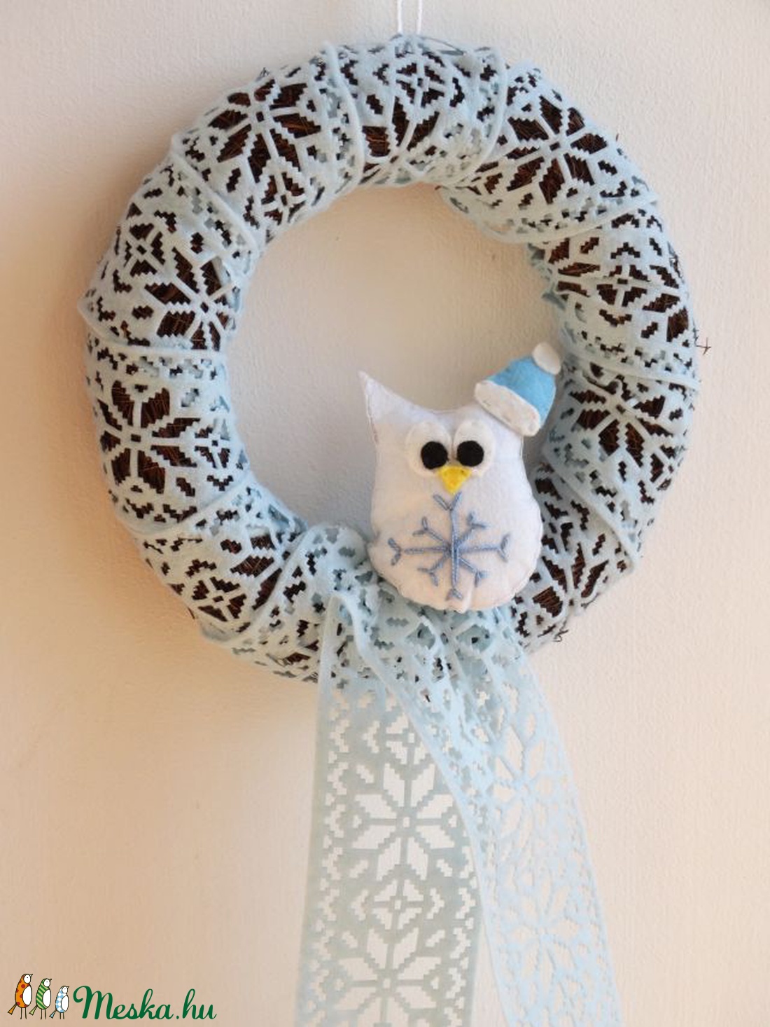 Jégkék baglyos koszorú - Téli ajtódísz - Baglyos ajtódísz -  - Meska.hu