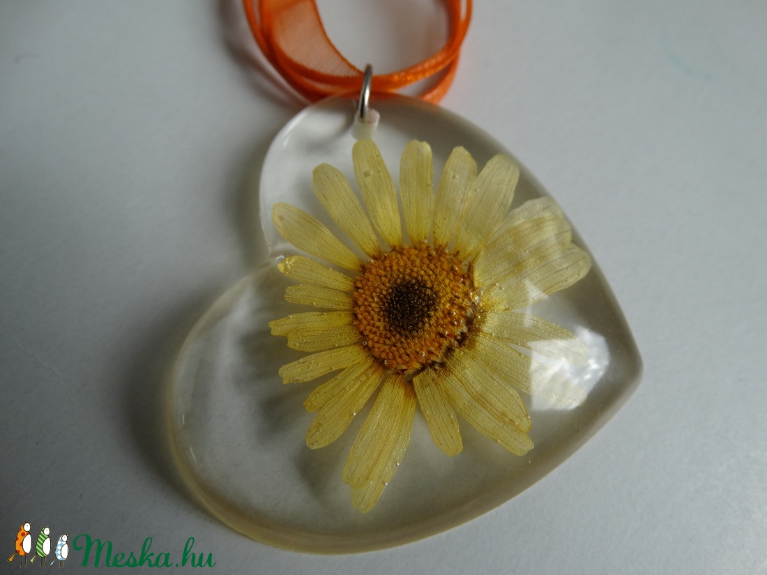 Virágos műgyanta nyaklánc szív medállal - margaréta virág - préselt növény gyantába foglalva- margarétás műgyanta ékszer - ékszer - nyaklánc - medálos nyaklánc - Meska.hu