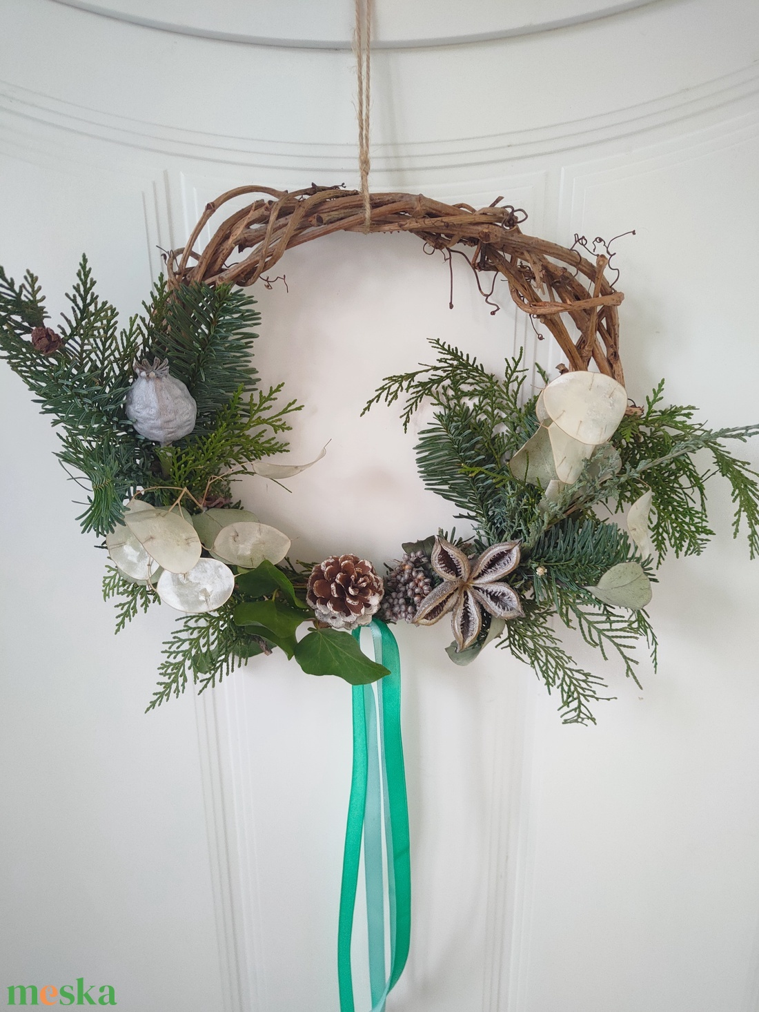 Adventi ajtódísz élő növényekkel, termésekkel - karácsonyi kopogtató szárított növények felhasználásával  - karácsony - adventi díszek - adventi ajtódísz - Meska.hu